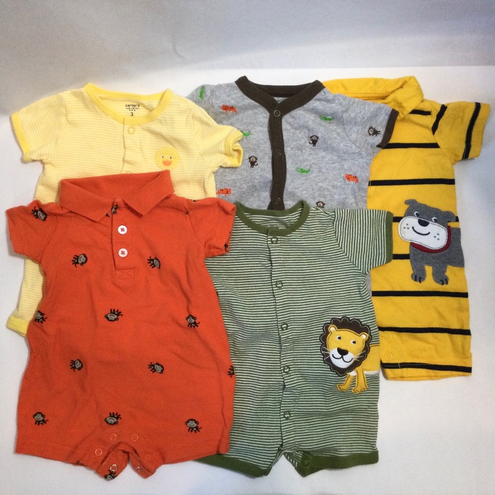 5pc Carter’s Baby Romper 3 Months with Animal Prints Stripe Dog Monkey Lion Duck